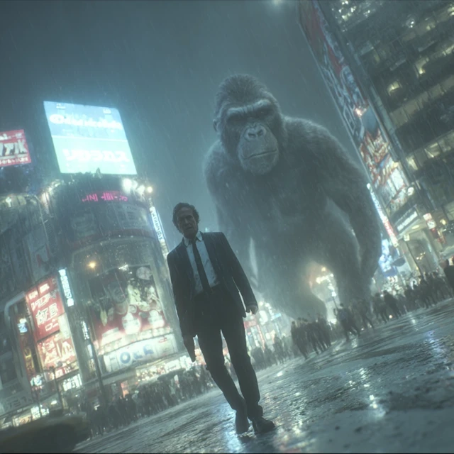 Shibuya Crossing at Night Man and Monkey Bodyguard