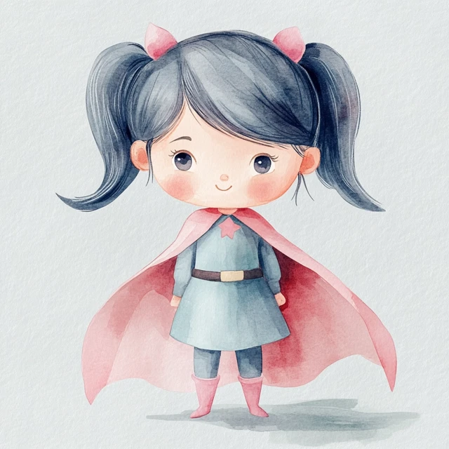 Cute Asian Superhero Girl Watercolor Illustration