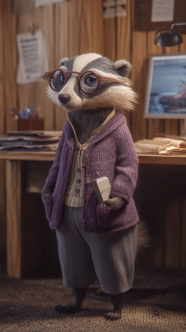 Anthropomorphic Badger in Office - Pixar Style 3D Render