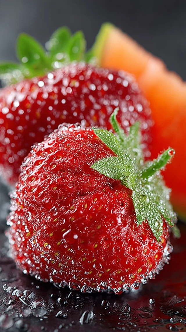 Fresh Strawberries and Melon on Black Background