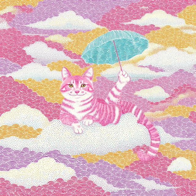 Lazy Cat on Cloud with Umbrella Whimsical Illustration