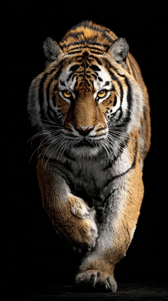 Tiger Chasing Close Up Shot On Black Background