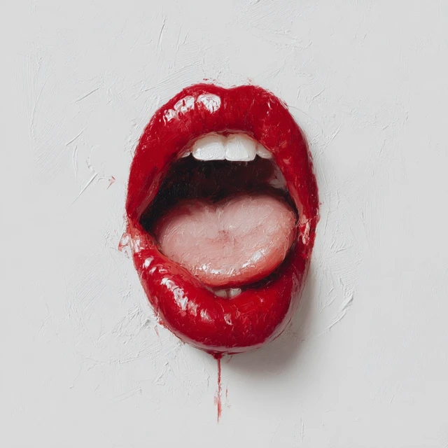 Red Lips Glossy Wide Mouth Tongue Textured White Background