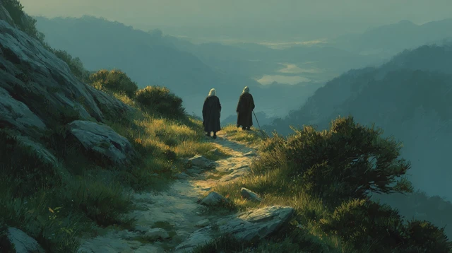 Gandalf and Frodo Hiking Through a Misty Landscape
