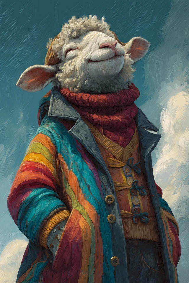 Anthropomorphic Sheep Boy in Colorful Coat