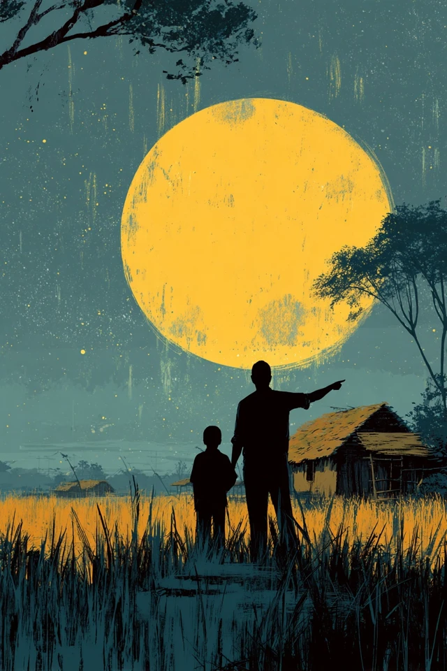 Father and Son Moonlit Village Illustration