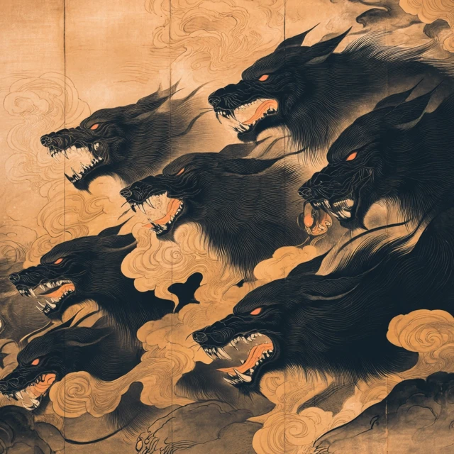 Scary Wolves Punishing Demons Japanese Art