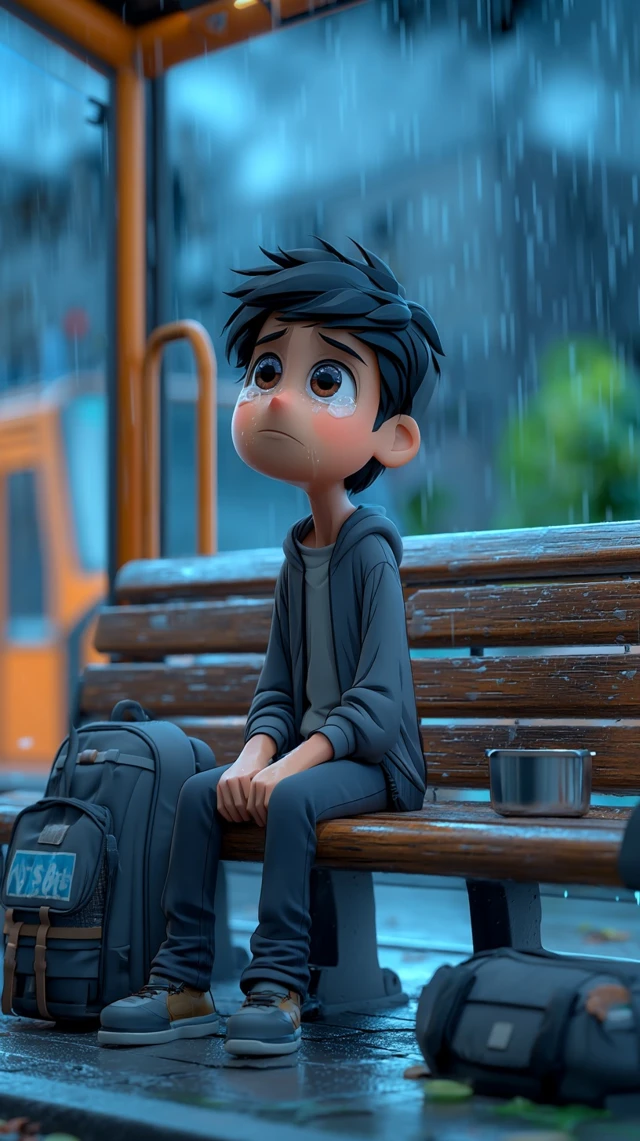 3D Cartoon Schoolboy in Rain Emotional Story