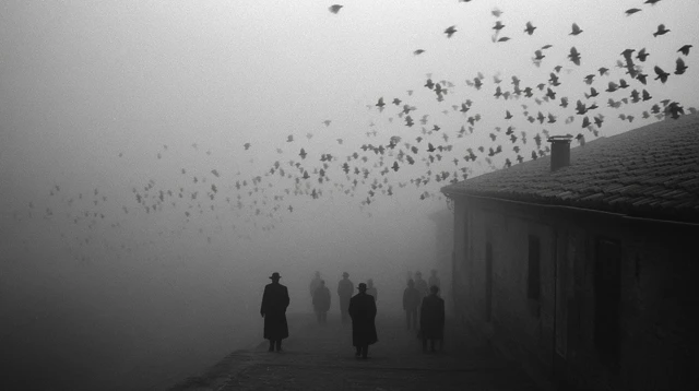Birds in Fog Dreamlike Italian Village