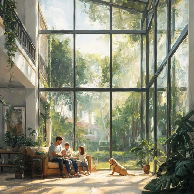 Family Home Sunlight Modern Interior Green Garden