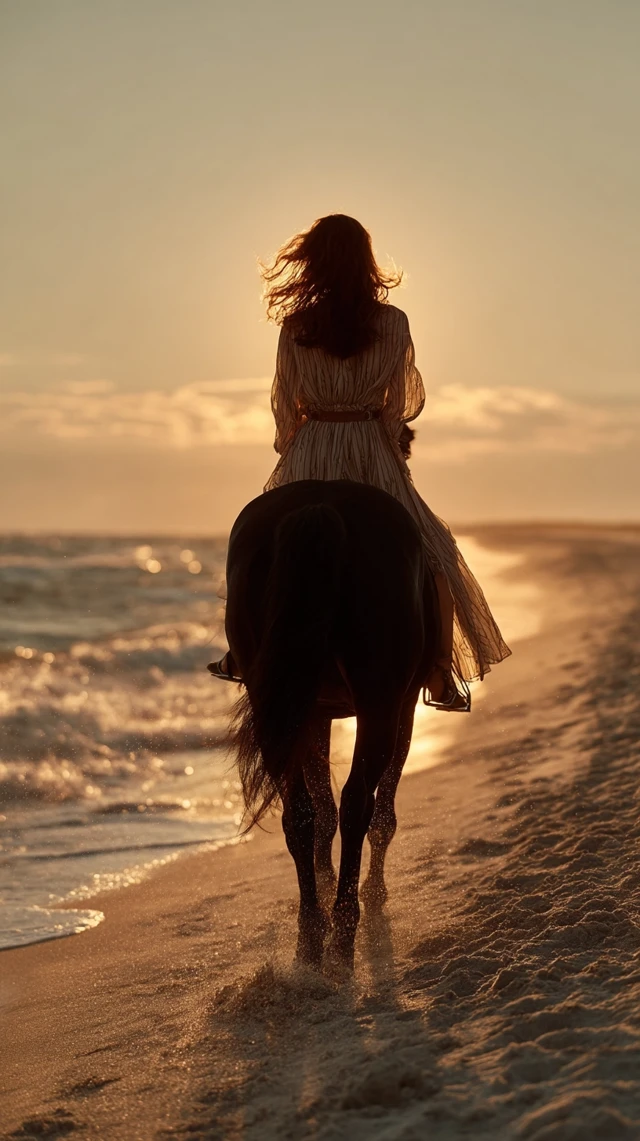 Woman Riding Horse at Sunset on Beach