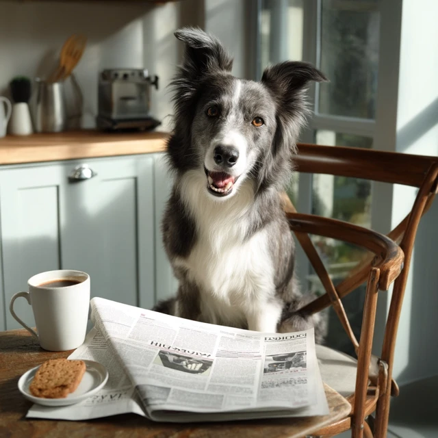 Happy Border Collie Dog Reading Newspaper in Kitchen