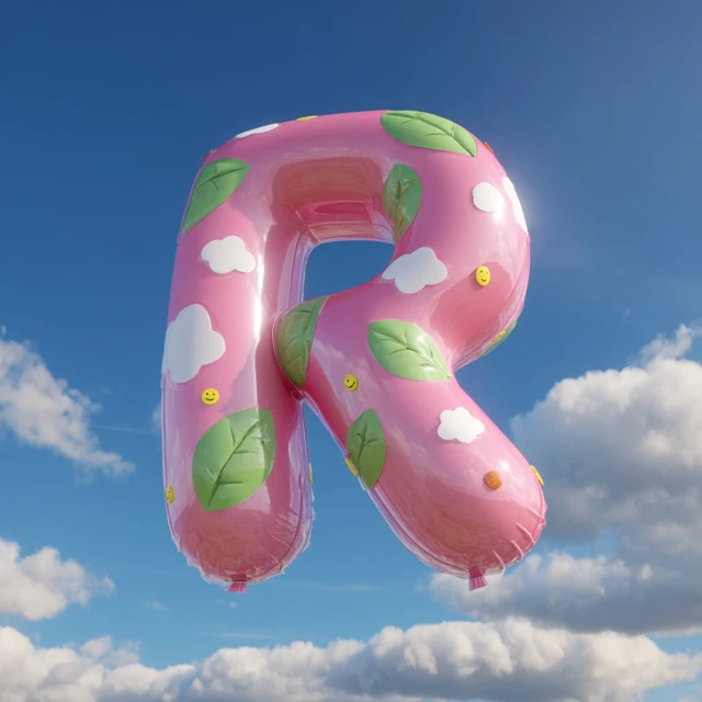 3D R Letter with Flowers and Clouds Cute Icon