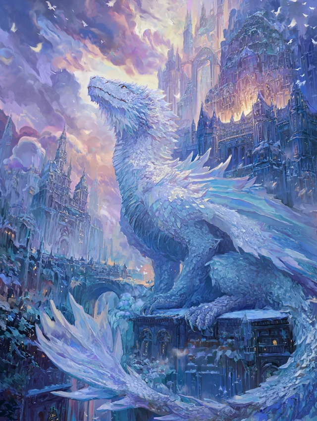 Majestic White Dragon on Ice Castle Fantasy Art