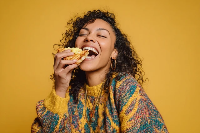 Joyful Woman Eating Toast Lifestyle Editorial