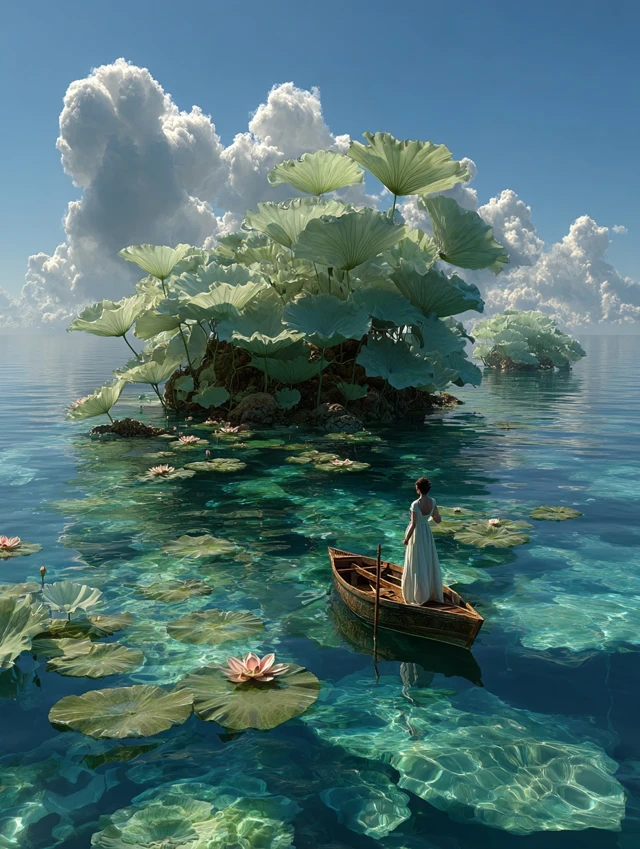 Surreal Island of Lotus Flowers Woman in Boat