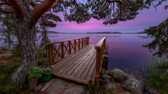 Serene Dawn Landscape Floating Dock and Misty Lake