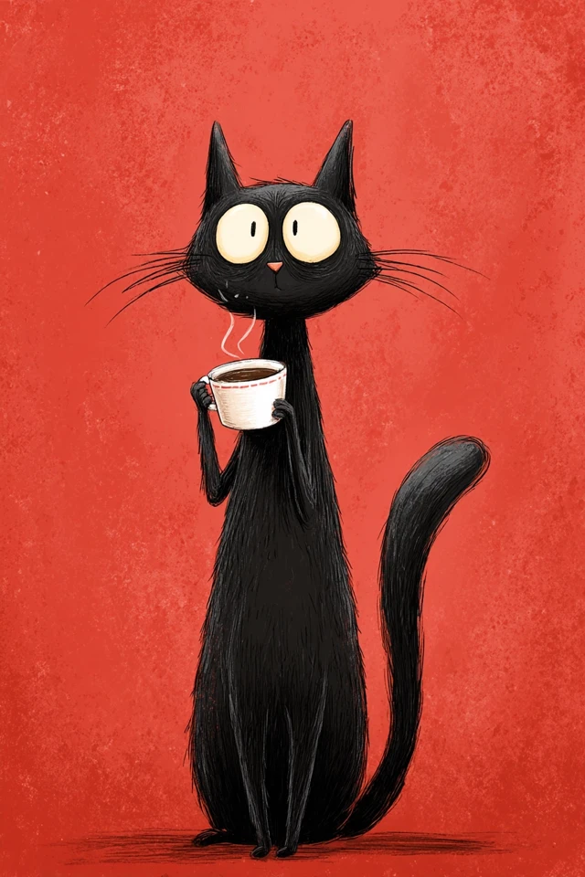 Black Cat Cartoon Drinking Coffee Illustration