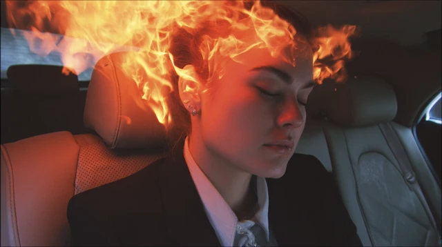 Woman in Burning Head in a Luxury Car