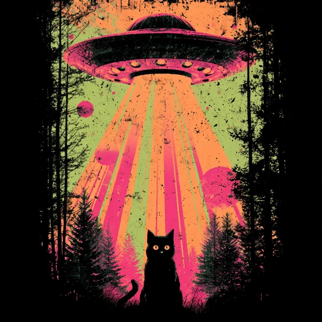 Mysterious Cat UFO Forest Vintage Graphic