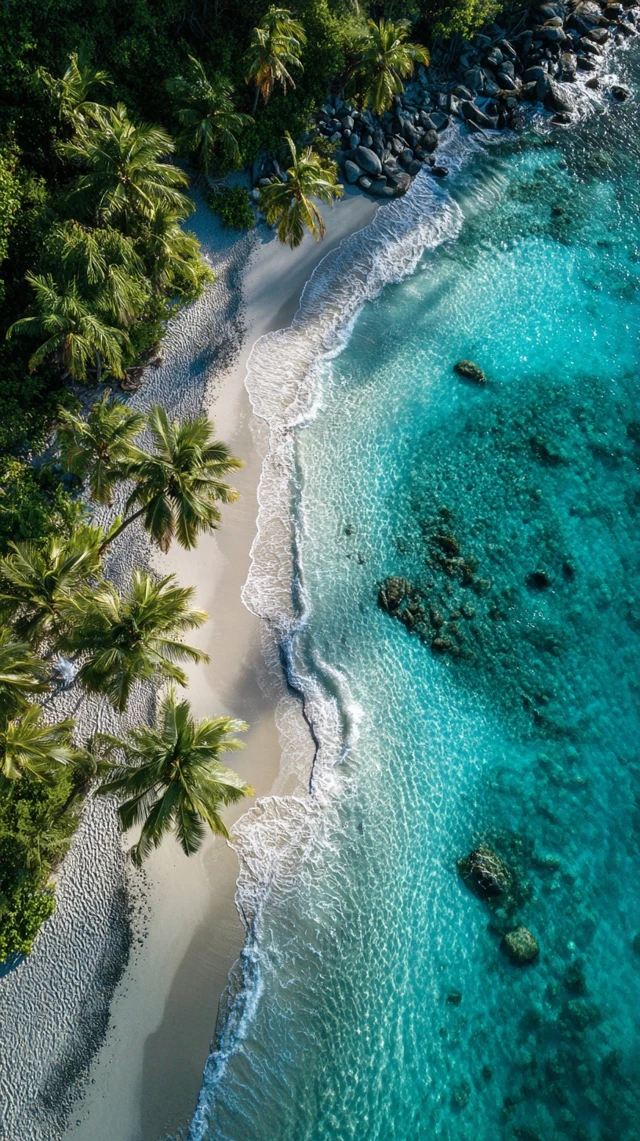 Tropical Beach Paradise Aerial View Palm Trees and Turquoise Water