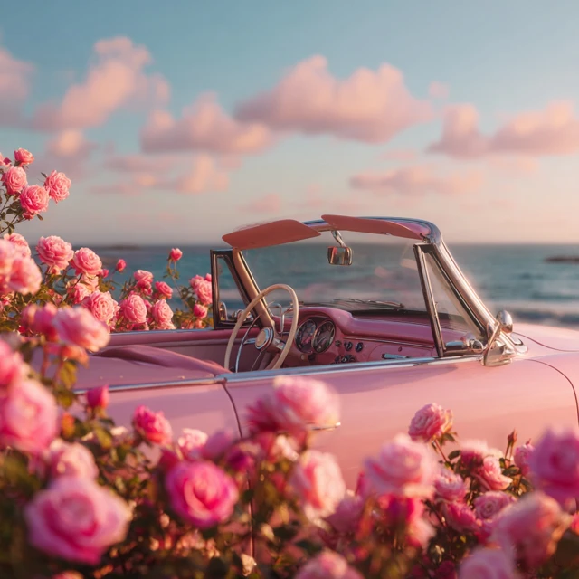Pink Convertible Car in Roses Dreamy Scene