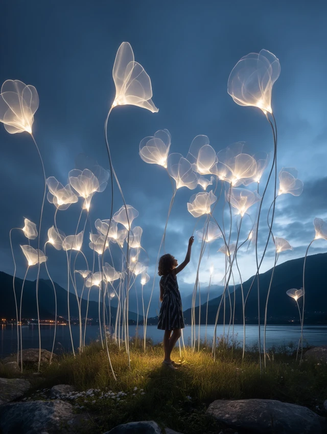 Glowing Petals Art Installation by Lakeside
