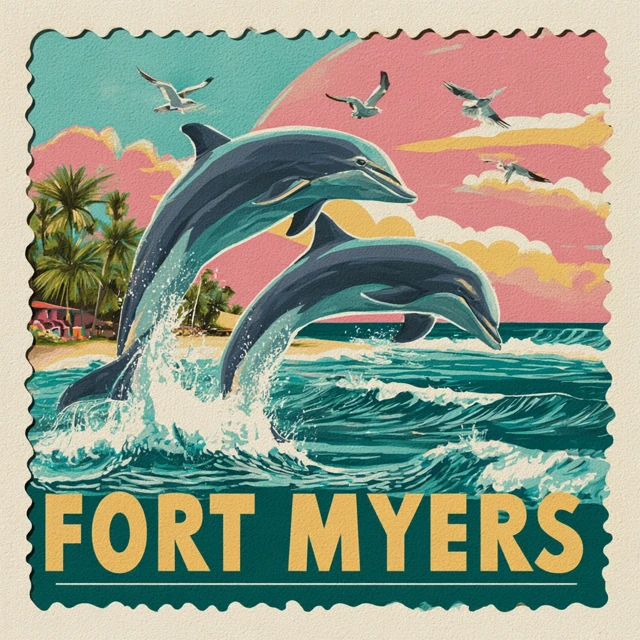 Fort Myers TShirt Design Dolphins in a Retro Postage Stamp