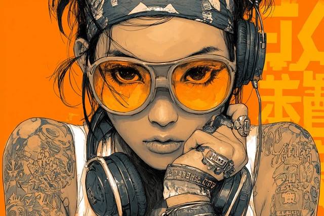 Thai Woman with Tattoos Sunglasses and Headphones