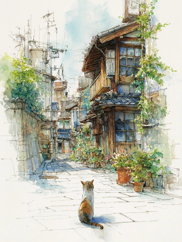 Watercolor Cats in Onomichi Town