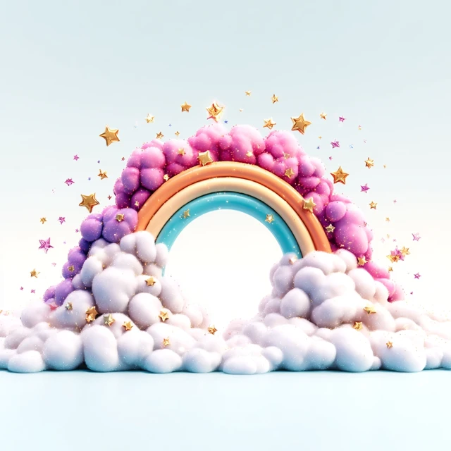 Magical Rainbow Fantasy Scene with Clouds and Stars