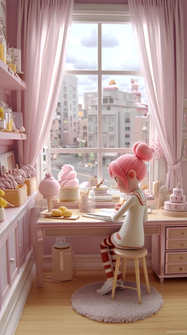 Girl Writing and Reading at Desk C4D Style