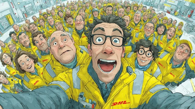 DHL Workers Smiling in Cartoon Illustration