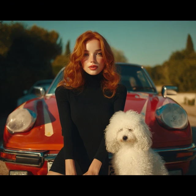 Woman with Bichon Dog and Classic Red Car