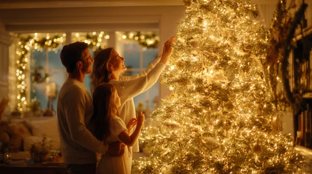 Family Decorating Christmas Tree Cozy Home