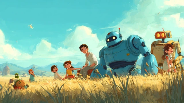 AI Robots Playing Games with Children Cartoon Wallpaper