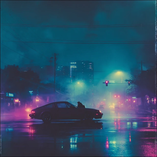 Urban Night Scene Car in Neon Houston Lights