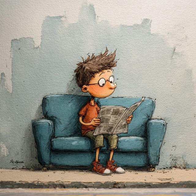Boy Reading News Watercolor Illustration
