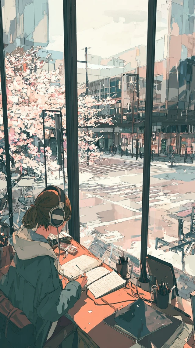 Anime Girl Studying Cafe Spring LoFi Ghibli Aesthetic