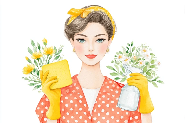 Retro Housewife Cleaning Illustration