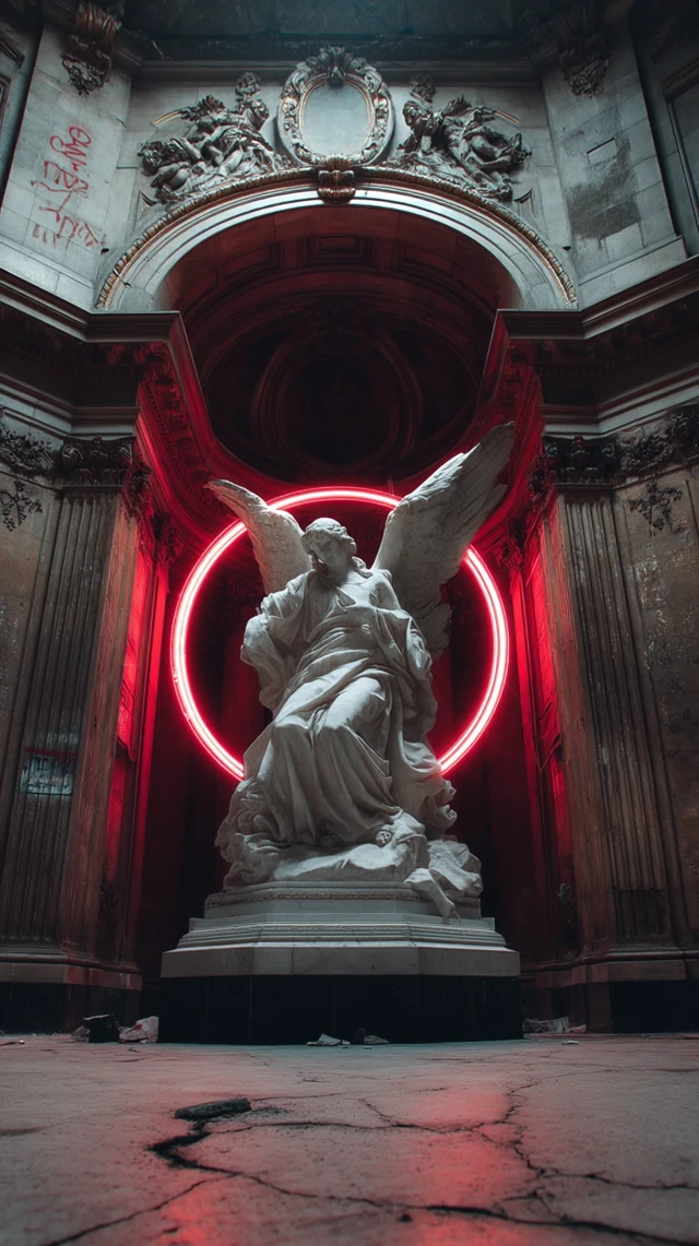 Cyberpunk Angel Statue in Decaying Cathedral