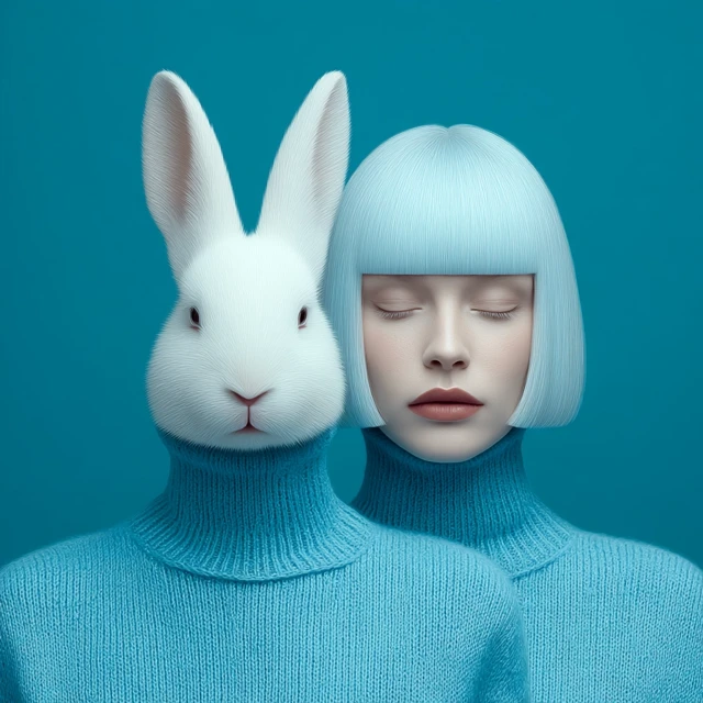Surreal Portrait: Rabbit Head and Bob Haircut in Pastel Blue
