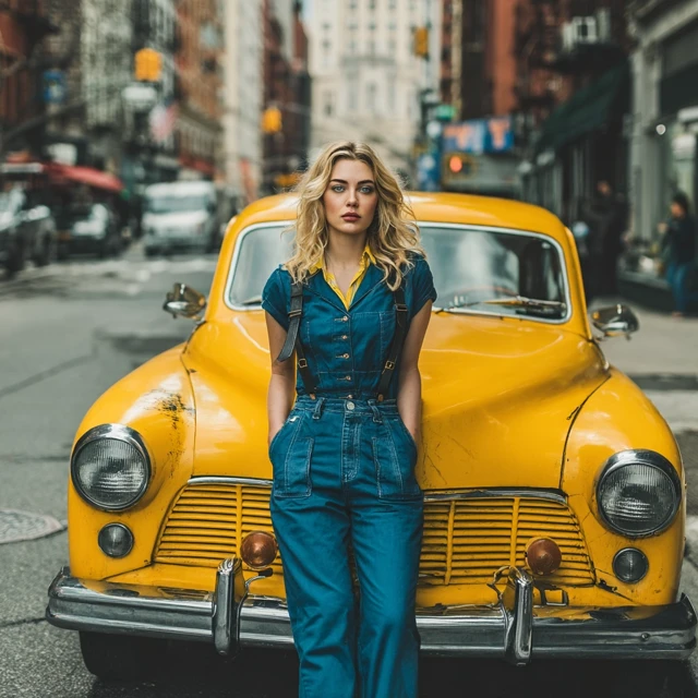 Fashion Shot Russian Model Manhattan Yellow Car