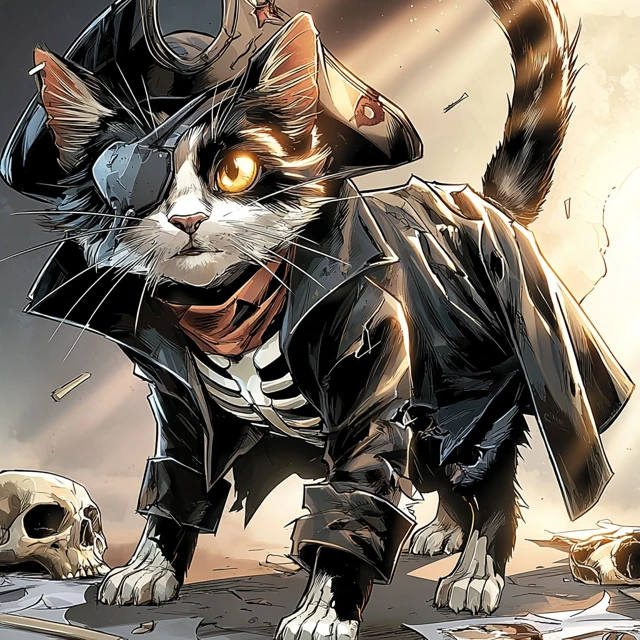 Pirate Cat Half Skeletal with Captains Hat