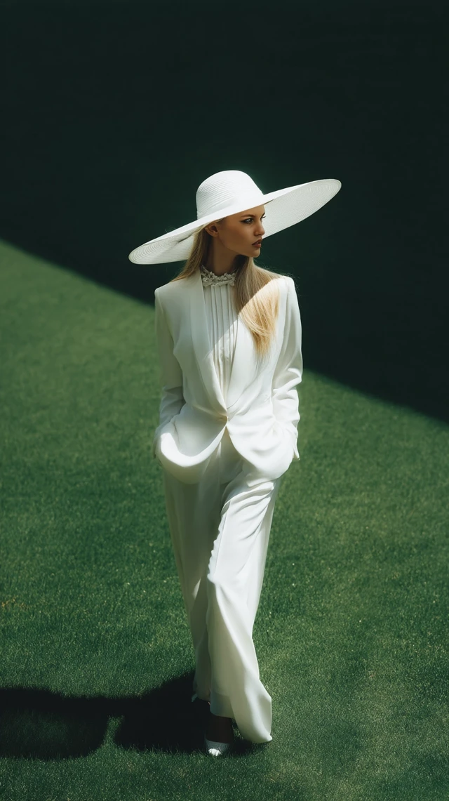 Elegant Woman in White Suit and Hat on Green Lawn