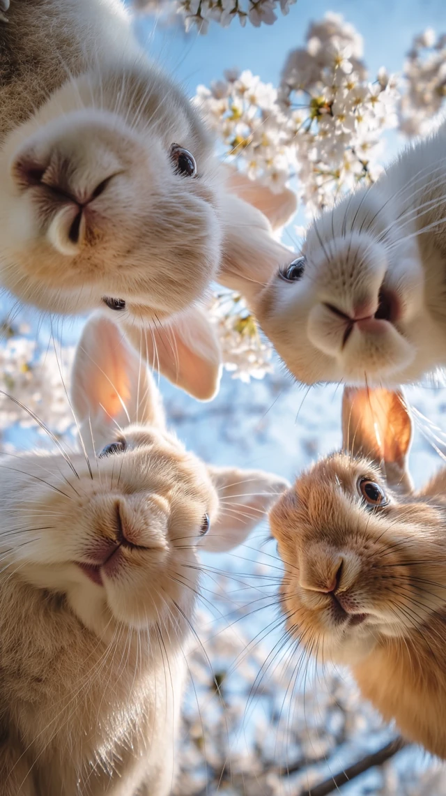 Adorable Rabbits Under Cherry Blossoms