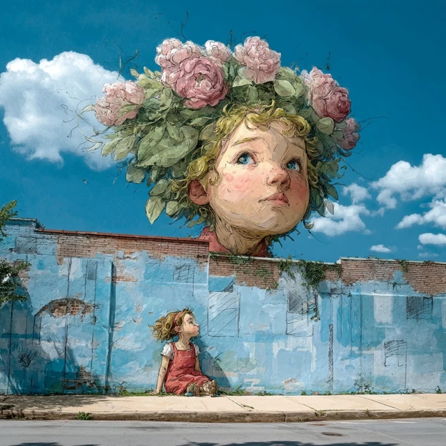Floral Mural with Pink Roses and Cute Girl Illustration