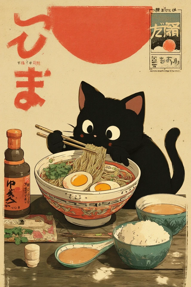 Kawaii Black Cat Eating Ramen Poster Anime Style