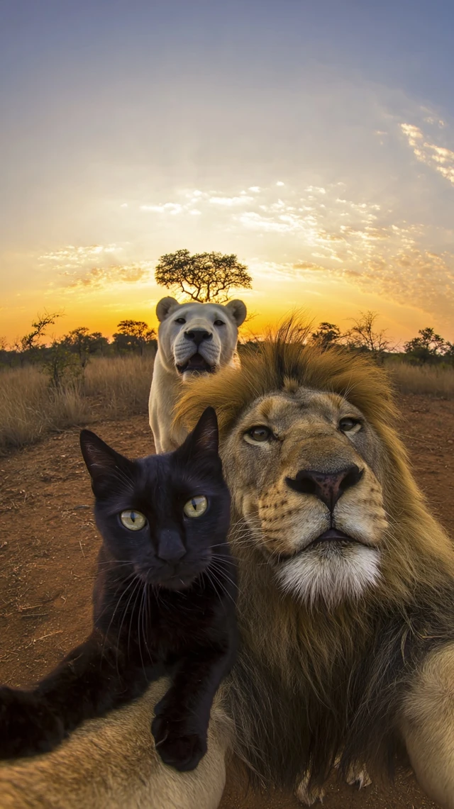 Wild Selfie Cat Lion and Polar Bear on the Savannah