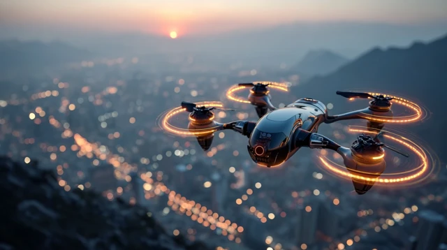 Futuristic Drone Over Cityscape at Dusk